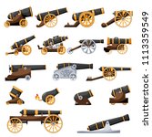 Set Vintage gun. Color image of medieval cannon firing on a white background. Cartoon style. The subject of war and aggression. Stock vector illustration