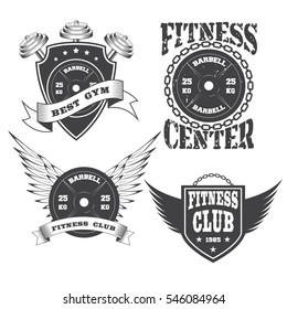 Set Of Vintage Gym Crossfit And Fitness Club Logo On White Background. Vector Illustration. 