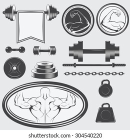 Set of vintage gym equipment and design elements. Vector illustration