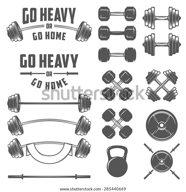 Set\
of vintage gym equipment, quotes and design\
elements