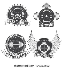 Set of vintage gym and fitness club logo on white background. Vector illustration.