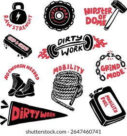 Conjunto de ilustrações vintage ginásio com ferramentas de treino cru e tipografia para hardcore força e design de treinamento
