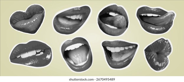 Conjunto de ilustrações vintage de lábios de meio-tom com expressões de boca diferentes, adesivos estilo pop arte retro de sorrisos, beijos, mordida e lábios brincalhões no fundo texturizado