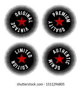 Set of vintage halftone texture round stamp isolated on white background. Vector illustration.