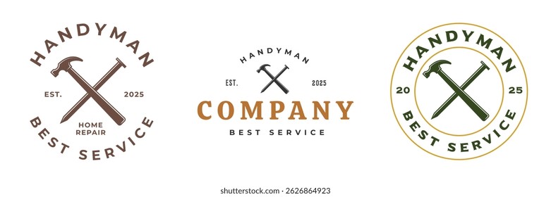 set vintage hammer with nail logo vector illustration badge design, home repair, carpentry logo