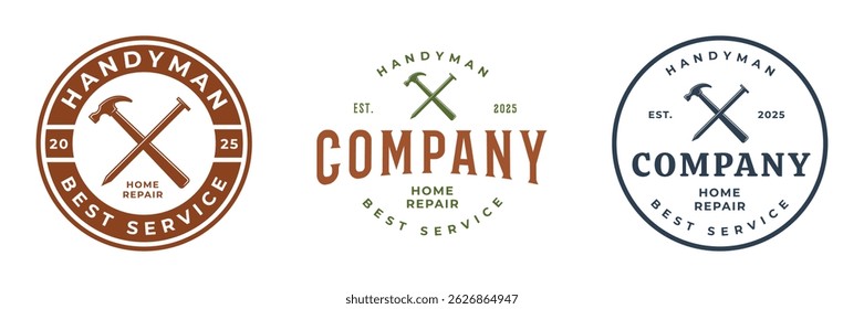 set vintage hammer with nail logo vector illustration badge design, home repair, carpentry logo