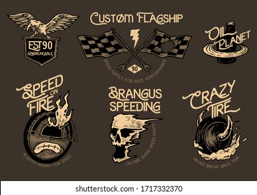 Set of vintage hand draw custom rider emblems, labels, badges, logos, prints. this is good for t-shirt design of clothing company with vintage vibes.