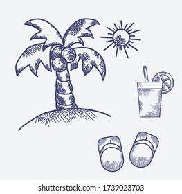 Set of vintage hand drawings - vacation, vacation, sea, palm