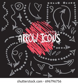 Set of  vintage hand drawn  arrows isolated and lettering design on black. Vector doodle illustration