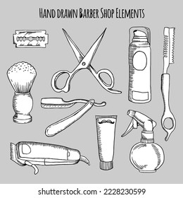 set of vintage hand drawn barber shop elements, emblems. barber shop tools and equipments vector illustration 