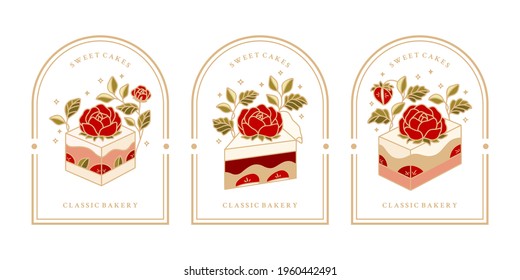Set of vintage hand drawn cake, pastry and bakery elements with strawberry, peony, rose flower, green tea, and floral illustration for food logo, emblem, icon, brand, sticker or product decoration