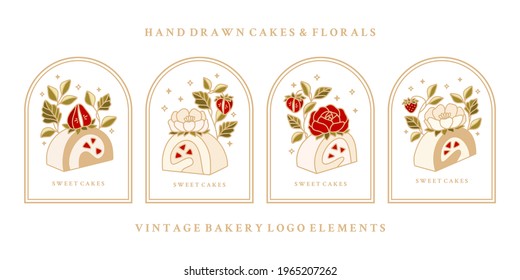 Set of vintage hand drawn cake, pastry and bakery elements with strawberry, peony, rose flower, green tea, and floral illustration for food logo, emblem, icon, brand, sticker or product decoration