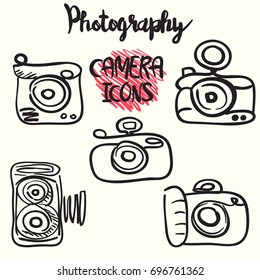 set of vintage hand drawn camera icons with lettering design, isolated. graphic doodle vector illustration