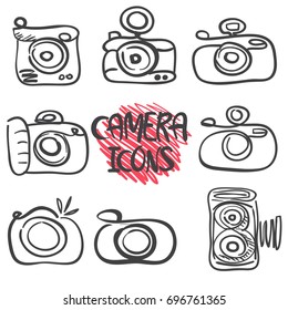 set of vintage hand drawn camera icons with lettering design, isolated. graphic doodle vector illustration