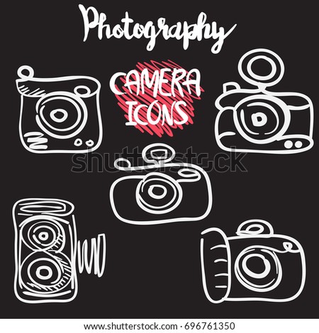 set of vintage hand drawn camera icons with lettering design, isolated. graphic doodle vector illustration