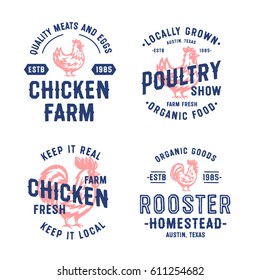 Set of Vintage Hand Drawn Chicken and Rooster Badges, Emblems and Logos. Attractive Designs for Farmer's Market, Homestead, Poultry Farm, Fair, Restaurant and other. Cock and Hen Vector Illustration.