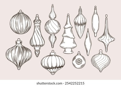 Set of vintage hand drawn christmas balls. Vector illustration of tree baubles on beige background.