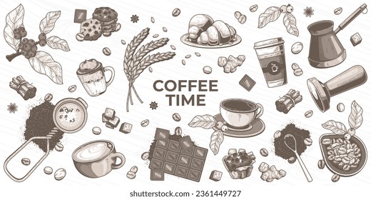 set of vintage hand drawn coffee doodles