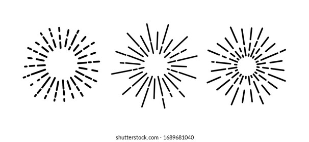 Set Vintage Hand Drawn Design Element Fireworks Black Rays. Vector.