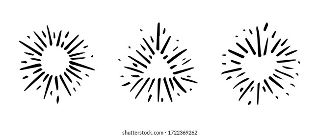 Set Vintage Hand Drawn Design Element Fireworks Black Rays. Vector.