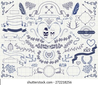 Set of Vintage Hand Drawn Doodle Floral Design Elements. Decorative Ribbons, Frames, Wreaths, Branches. Valentines Day. Wedding. Vector Illustration. Pen Drawing