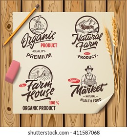 Set Of Vintage Hand Drawn Farm Logo With Lettering Elements On Wood Planks. Vector Illustration
