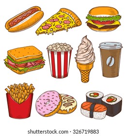 Set of vintage hand drawn fast food icons. Pizzeria, cafe, burgers vector illustrations.
