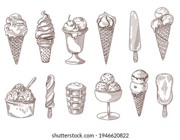 Set of vintage hand drawn ice cream sketches vector illustration. Different engraved sweet frozen desserts in steel, plastic, glass or waffle and paper bowls with flavors. Cafe, dessert, food concept