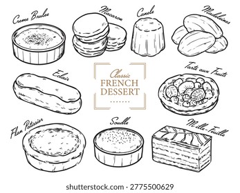 Set of vintage hand drawn iconic french dessert drawing illustration