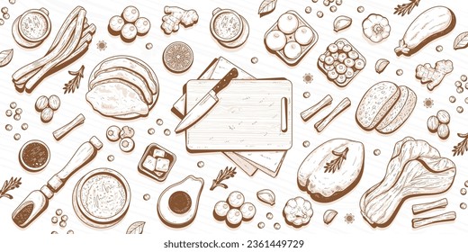 set of vintage hand drawn kitchen doodles