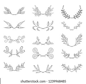 Set of vintage hand drawn laurel floral borders. Vector isolated elements. Wedding dividers for invitation card.
