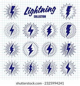 Juego de pernos de luz pintados a mano y rayos solares en hojas de papel a cuadros. Rayos con efecto de explosión solar. Tornillo, señal de choque eléctrico. Ilustración del vector