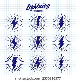 Set of vintage hand drawn lightning bolts and sun rays on checkered paper sheet. Lightnings with sunburst effect. Thunderbolt, electric shock sign. Vector illustration