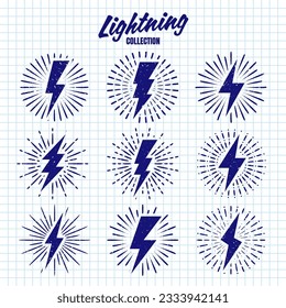 Set of vintage hand drawn lightning bolts and sun rays on checkered paper sheet. Lightnings with sunburst effect. Thunderbolt, electric shock sign. Vector illustration