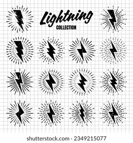 Set of vintage hand drawn lightning bolts and sun rays on checkered paper sheet. Lightnings with sunburst effect. Thunderbolt, electric shock sign. Vector illustration