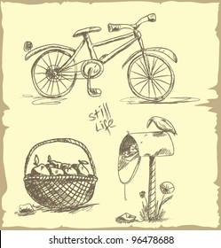 Set of vintage hand - drawn objects - bicycle, apple basket, mailing box