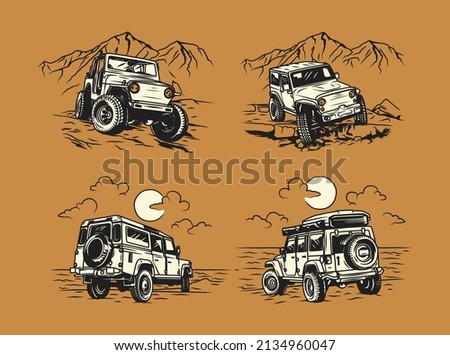 Set Vintage Hand Drawn Off road Car Adventures Logo Label