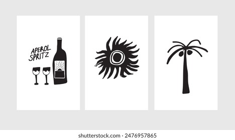 set of vintage hand drawn posters with summer elements drinks sun and palm