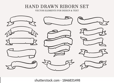 Set of vintage hand drawn ribbon banners. Vintage style ribbon collection for retro vintage logos, illustration element, decoration, and etc. Vector illustration