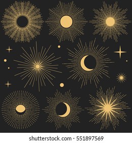 Set of vintage hand drawn shiny cosmic objects on dark background. Editable design elements.