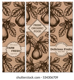 Set of vintage hand drawn sketch banners with figs. Vintage eco food drawing. Vector illustration.