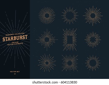 Set of vintage hand drawn starburst on dark background. Sunbursts, sunrays. Design elements.