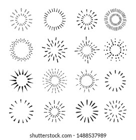 Set of vintage hand drawn sunburst rays design elements, explosion, fireworks black rays, vector illustration.