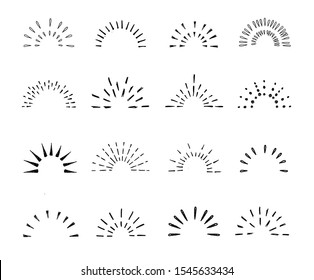Set of vintage hand drawn sunburst rays design elements, halves, explosion, fireworks, black rays, vector illustration.