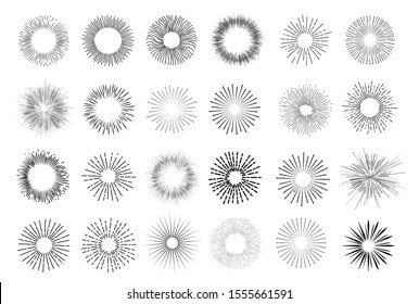 Set of vintage hand drawn sunburst rays design elements, explosion, fireworks black ray's. Vintage sunburst. Elements for graphic and website design. Vector illustration. Isolated on white background.