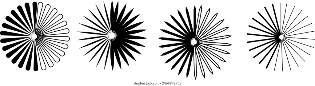 Set of vintage hand drawn sunburst rays design elements, explosion, fireworks black rays, vector illustration eps 10.