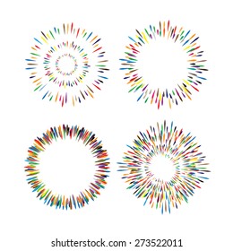 set of vintage, hand drawn sunburst vector icons on white background