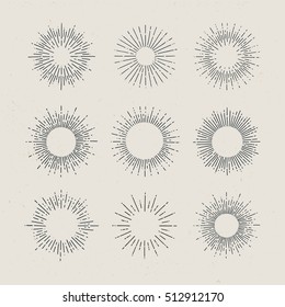 Set Of Vintage Hand Drawn Sunbursts On Dark Background. Starburst, Sunrays. Design Elements.