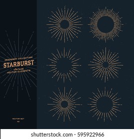 Set of vintage hand drawn sunbursts on dark background. Starburst, sunrays. Design elements.