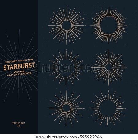 Set of vintage hand drawn sunbursts on dark background. Starburst, sunrays. Design elements.